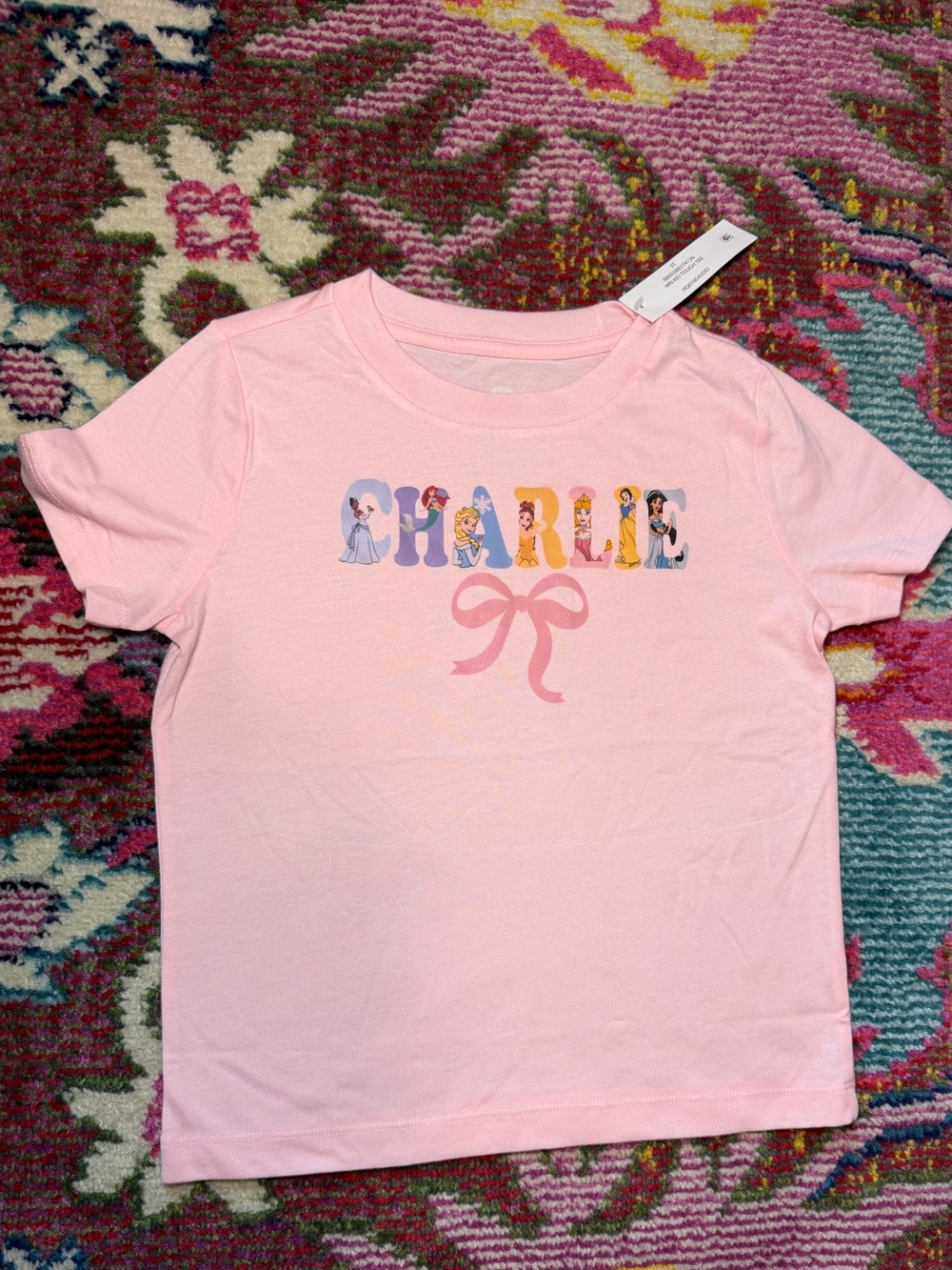 Pink Girls' Short Sleeve Tee with Custom Charlie Name and Bow